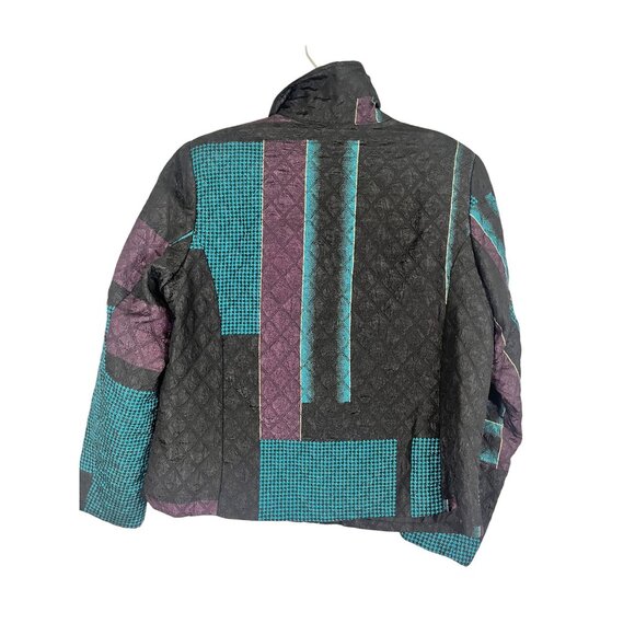 Retro Quilted Puffer Jacket Blue L Geometric Floral Striped 80s Funky Artsy Chic - Picture 2 of 12